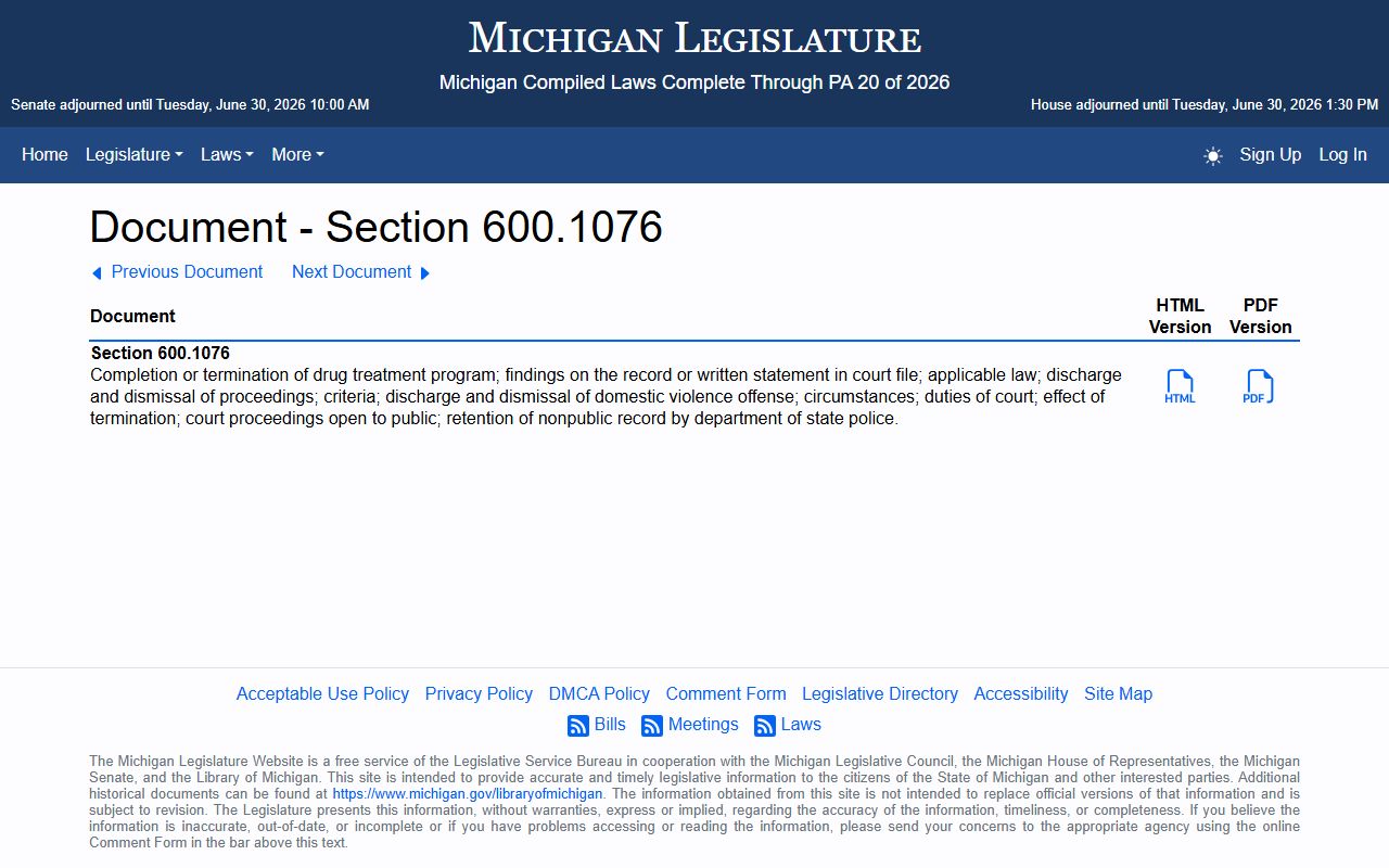 Schoolcraft County arrest records and court charges under the Michigan drug treatment court statute