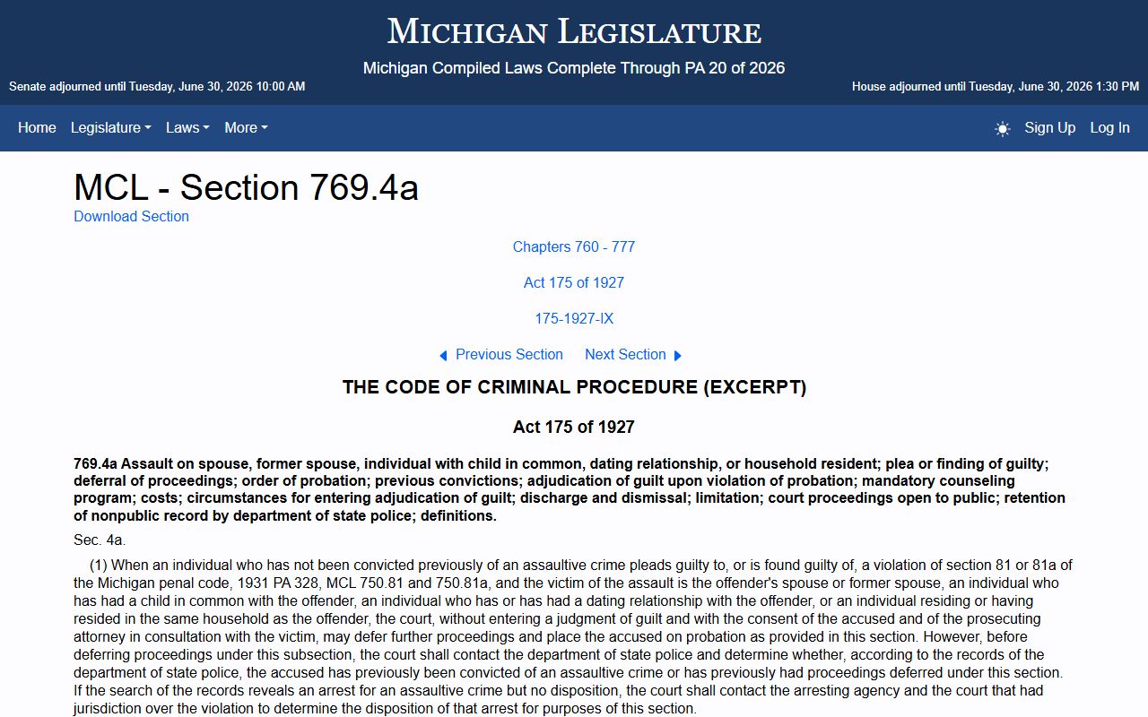Schoolcraft County arrest records and court charges under the Michigan domestic-violence deferral statute