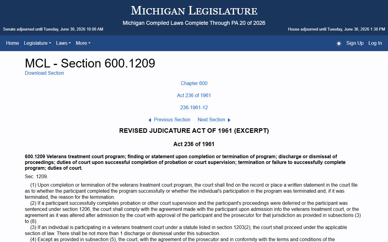 Schoolcraft County arrest records and court charges under the Michigan veterans treatment court statute