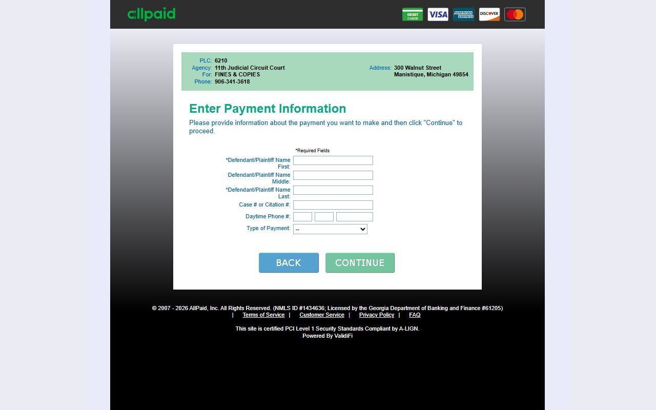 GovPayNow payment page for Schoolcraft County court dockets and court fees