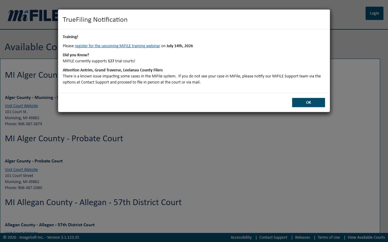 MiFILE available courts list for Schoolcraft County court dockets and e-filing