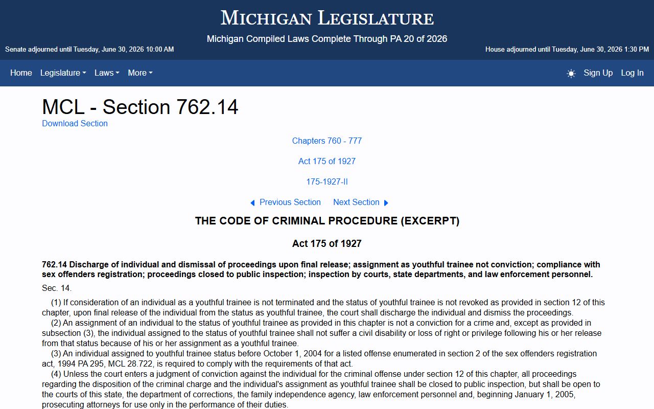Schoolcraft County criminal court records Holmes Youthful Trainee Act deferral rule