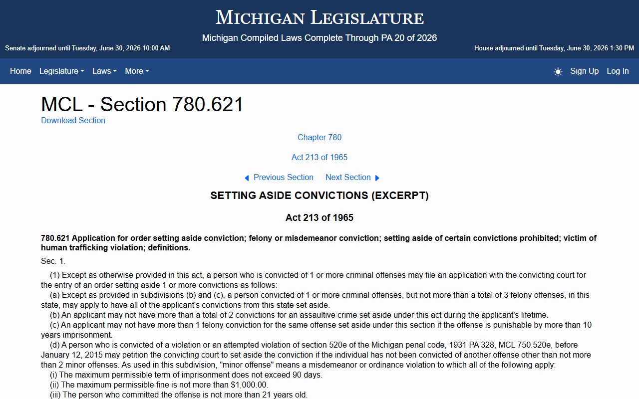 Schoolcraft County criminal court records set-aside statute for adult convictions