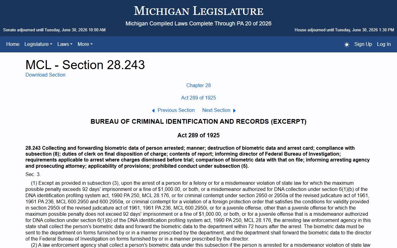 Schoolcraft County criminal court records arrest reporting and disposition statute