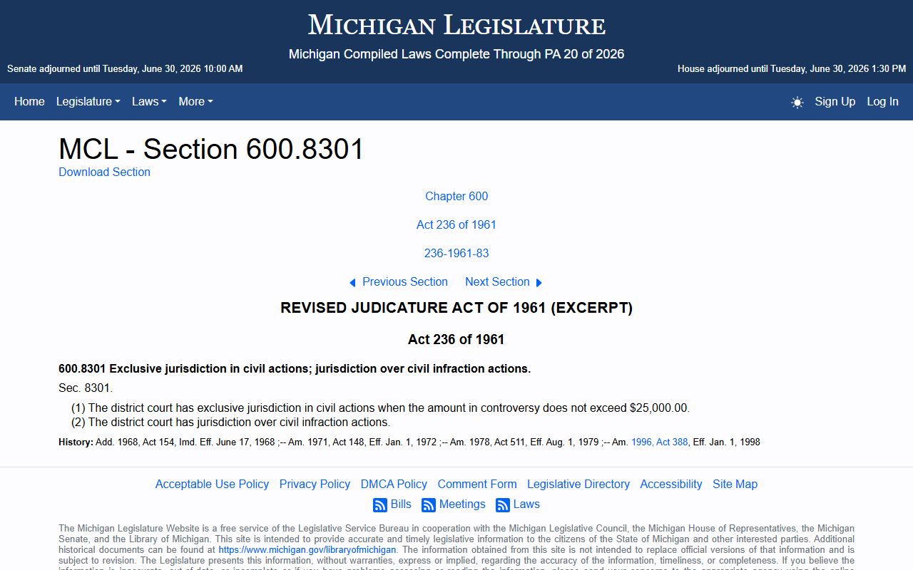 Michigan district court statute governing Schoolcraft County Circuit Court felony intake