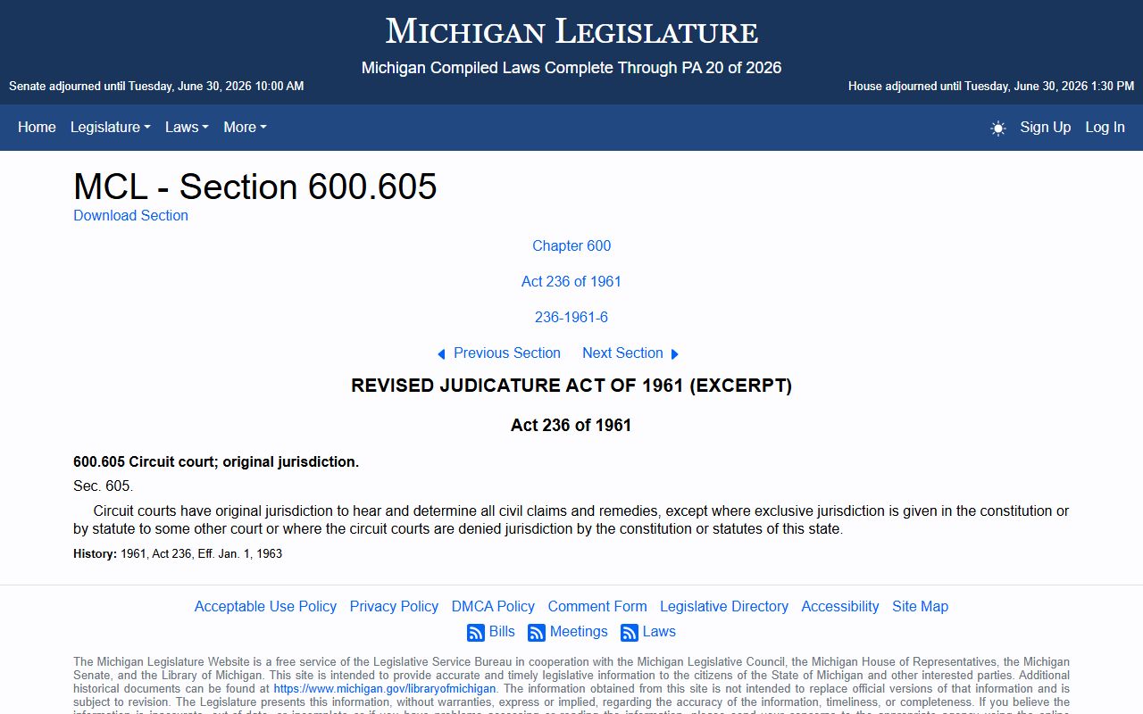 Michigan circuit court jurisdiction statute behind Schoolcraft County Circuit Court civil cases