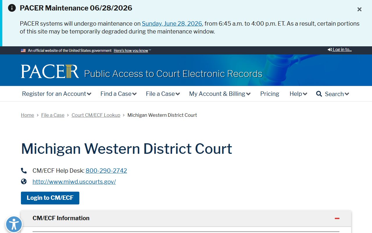 PACER CM/ECF lookup used for federal cases near the Schoolcraft County Circuit Court