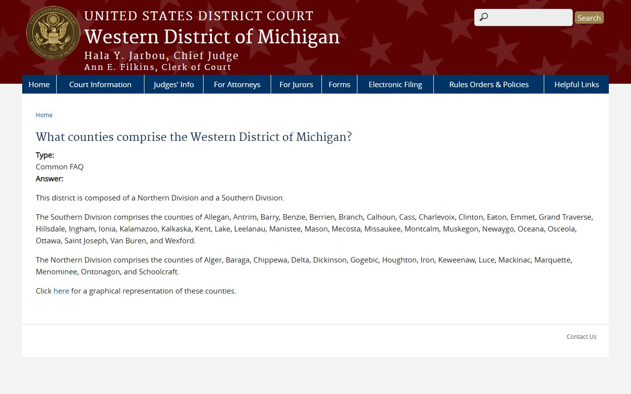 Western District of Michigan county coverage including Schoolcraft County Circuit Court region