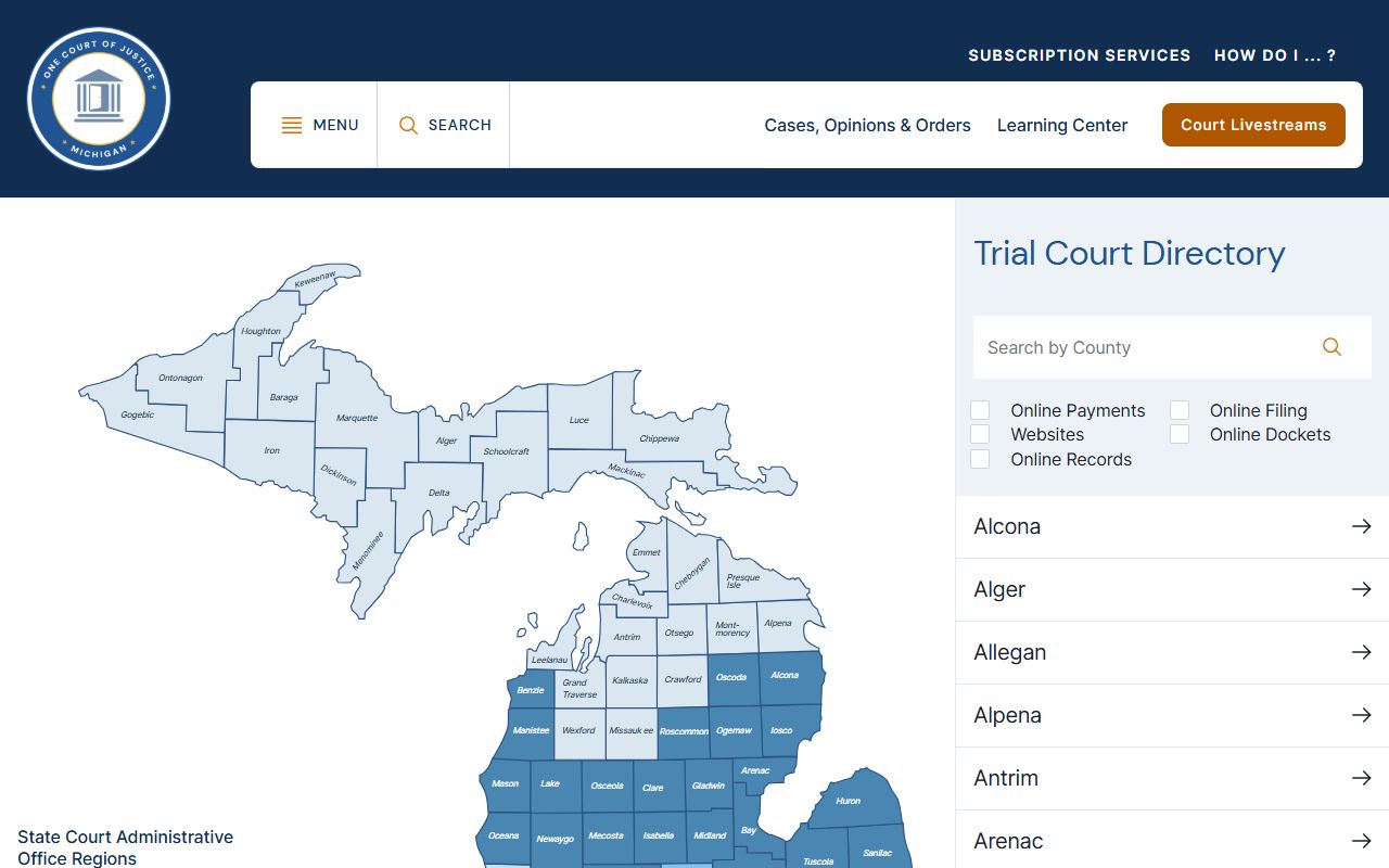 Michigan trial court directory used for Schoolcraft County court records