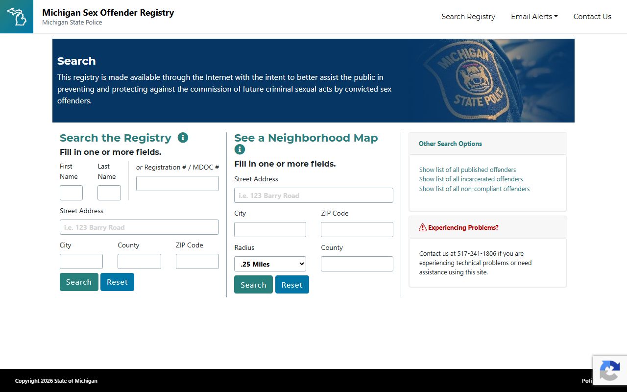 Schoolcraft County inmate search Michigan Sex Offender Registry search options