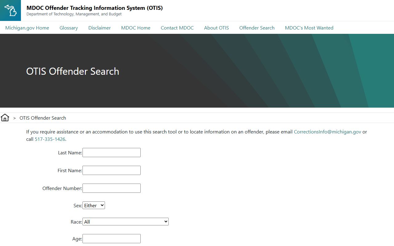 Schoolcraft County inmate search MDOC OTIS offender search fields screen