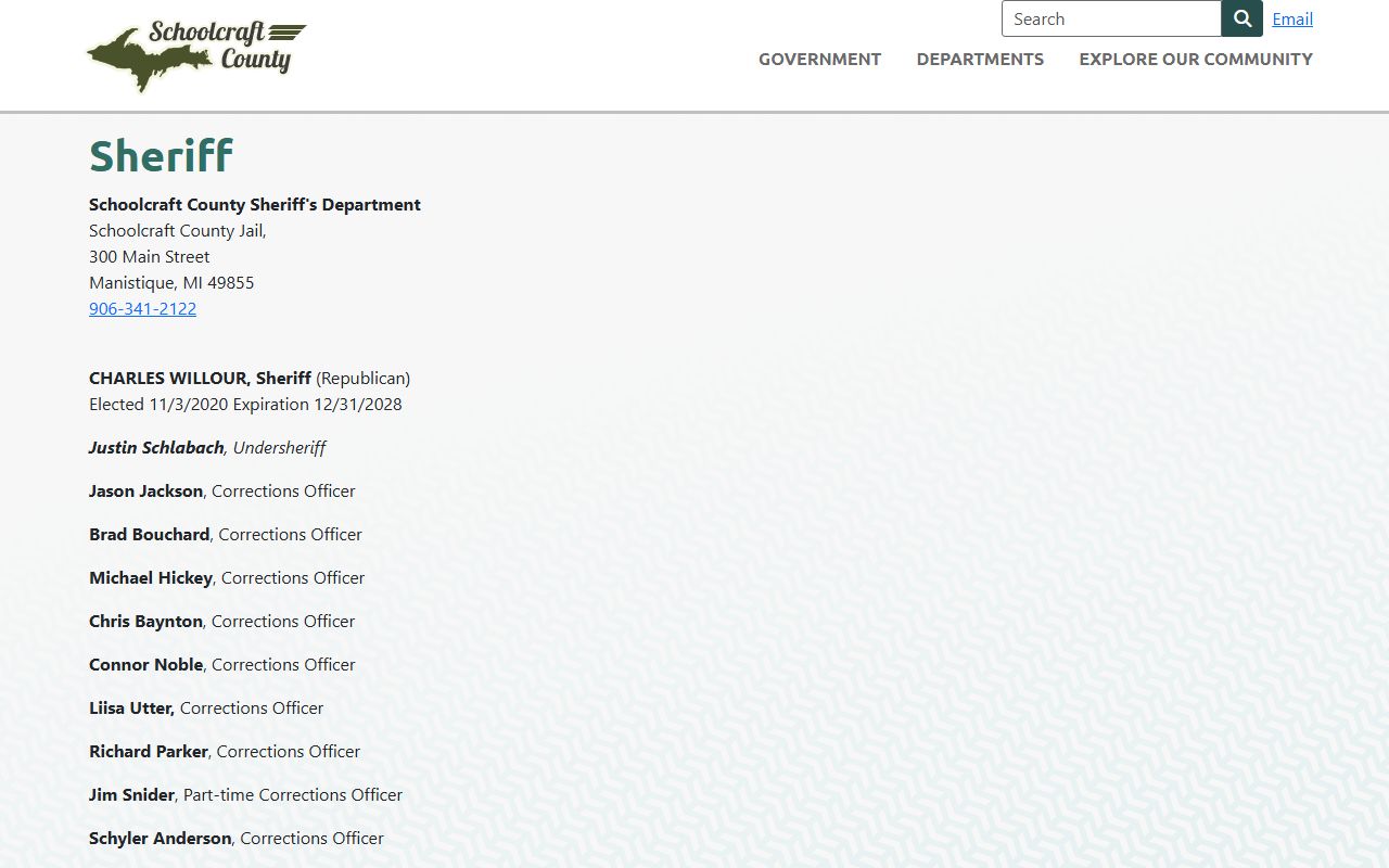 Schoolcraft County inmate search and jail roster sheriff contact page