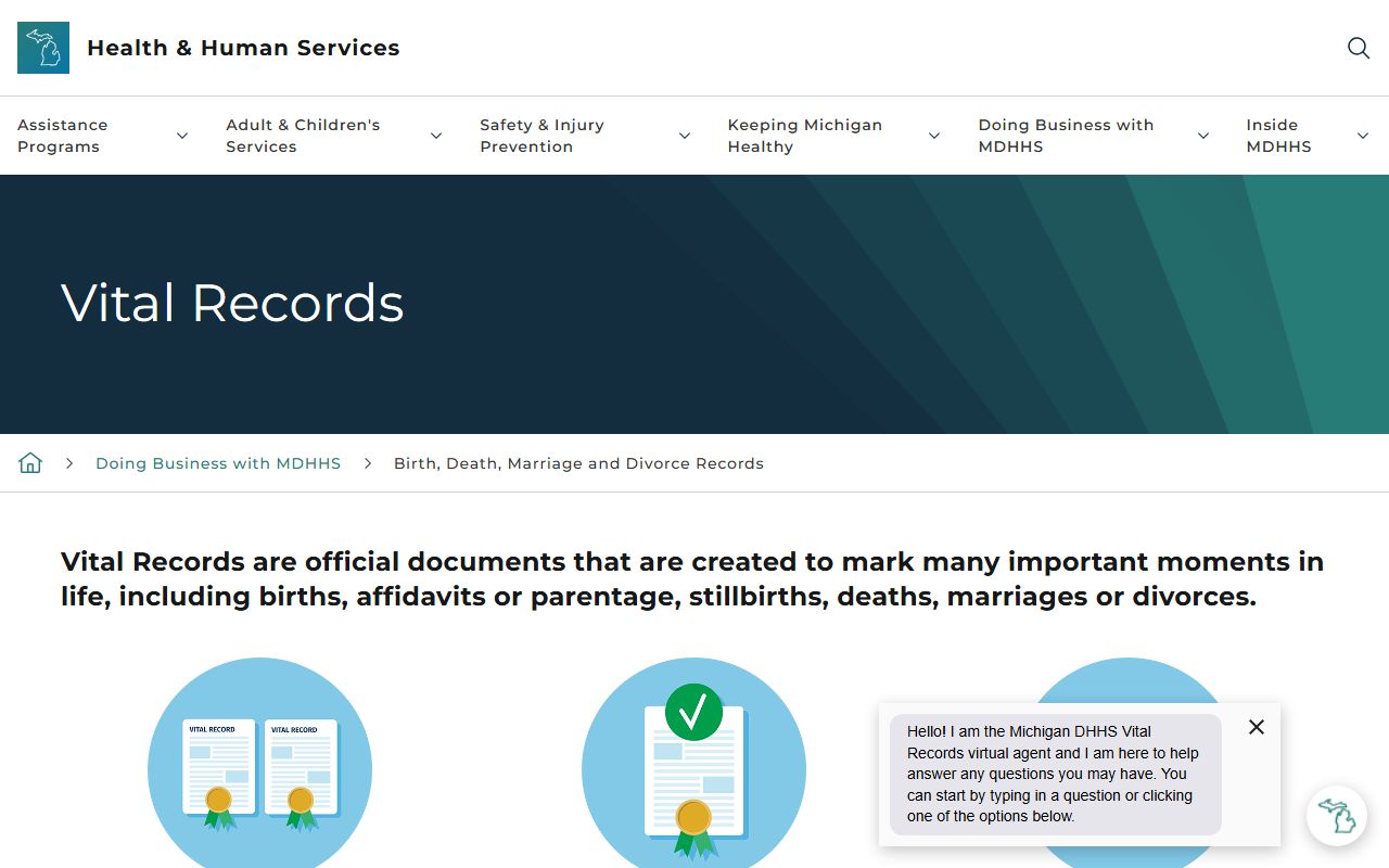 Michigan Vital Records page for Schoolcraft County marriage and divorce records