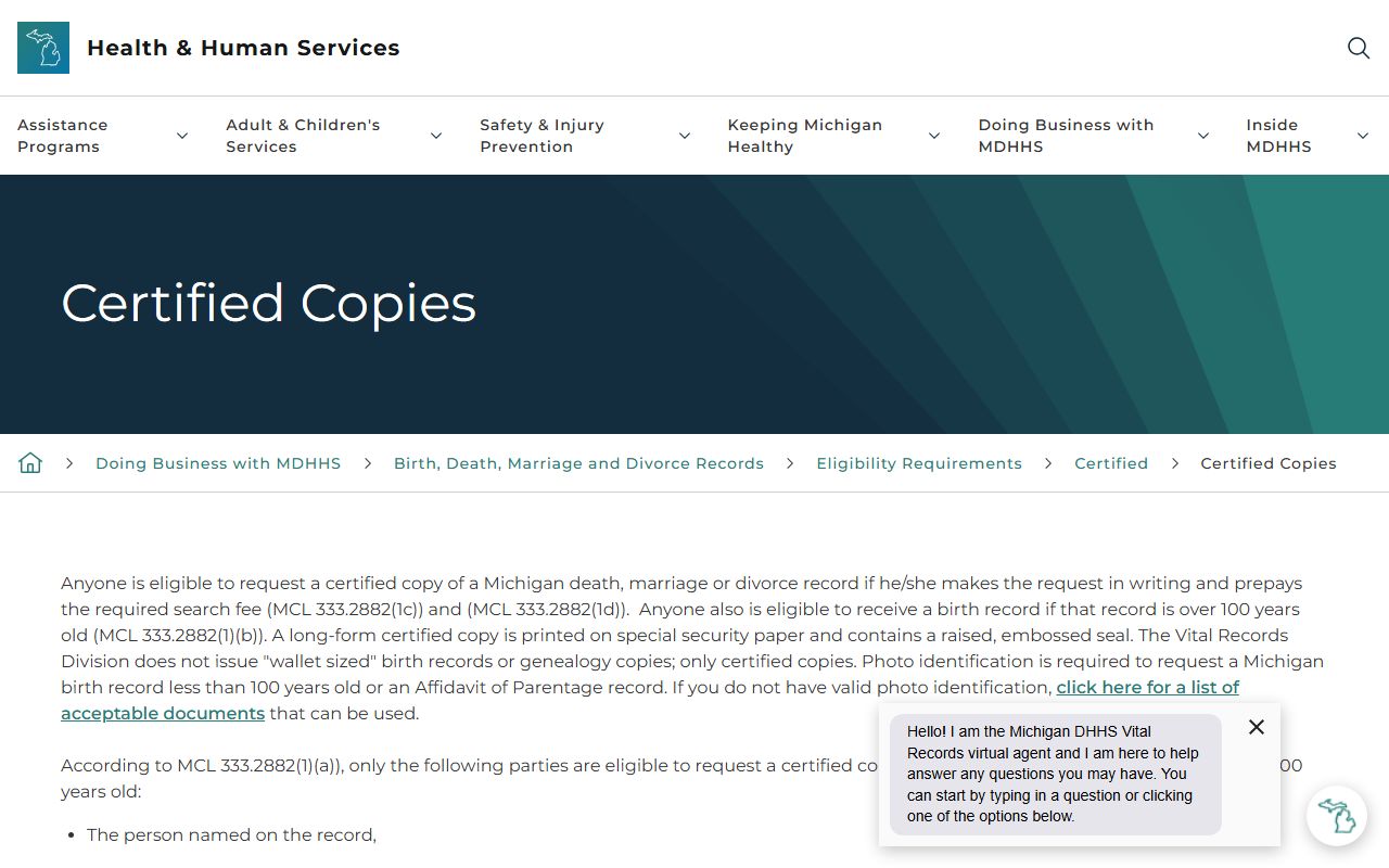 Michigan certified-copy eligibility for Schoolcraft County marriage and divorce records