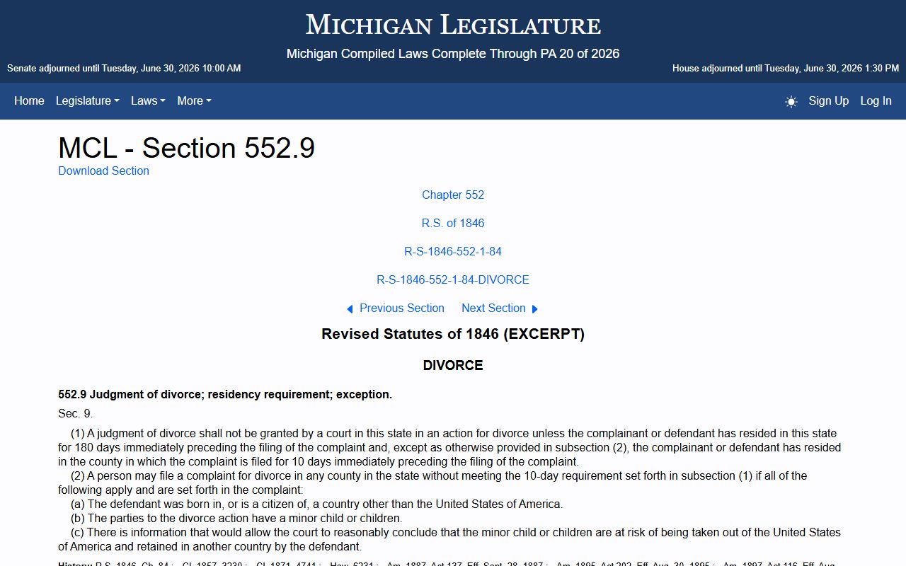 Michigan residency statute for Schoolcraft County marriage and divorce records