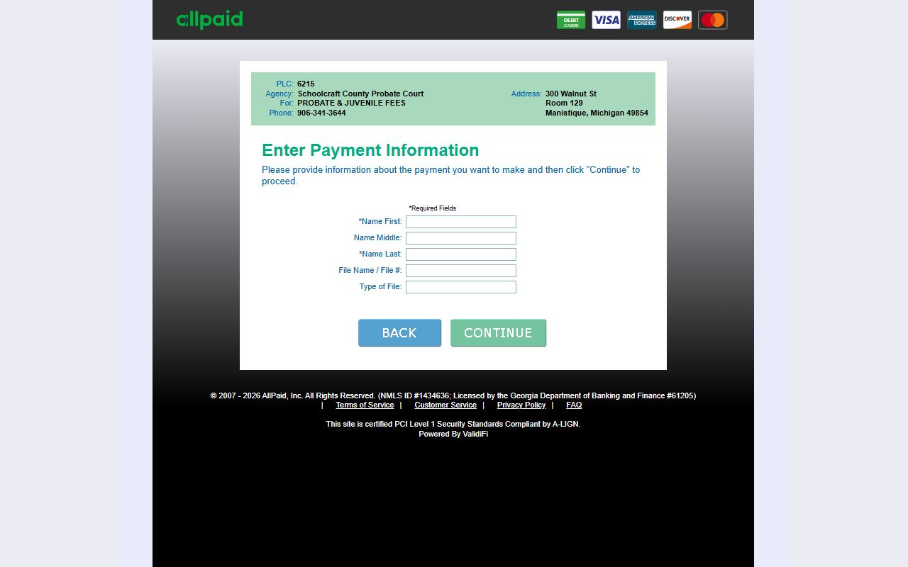 GovPayNow payment page for Schoolcraft County probate records and court costs