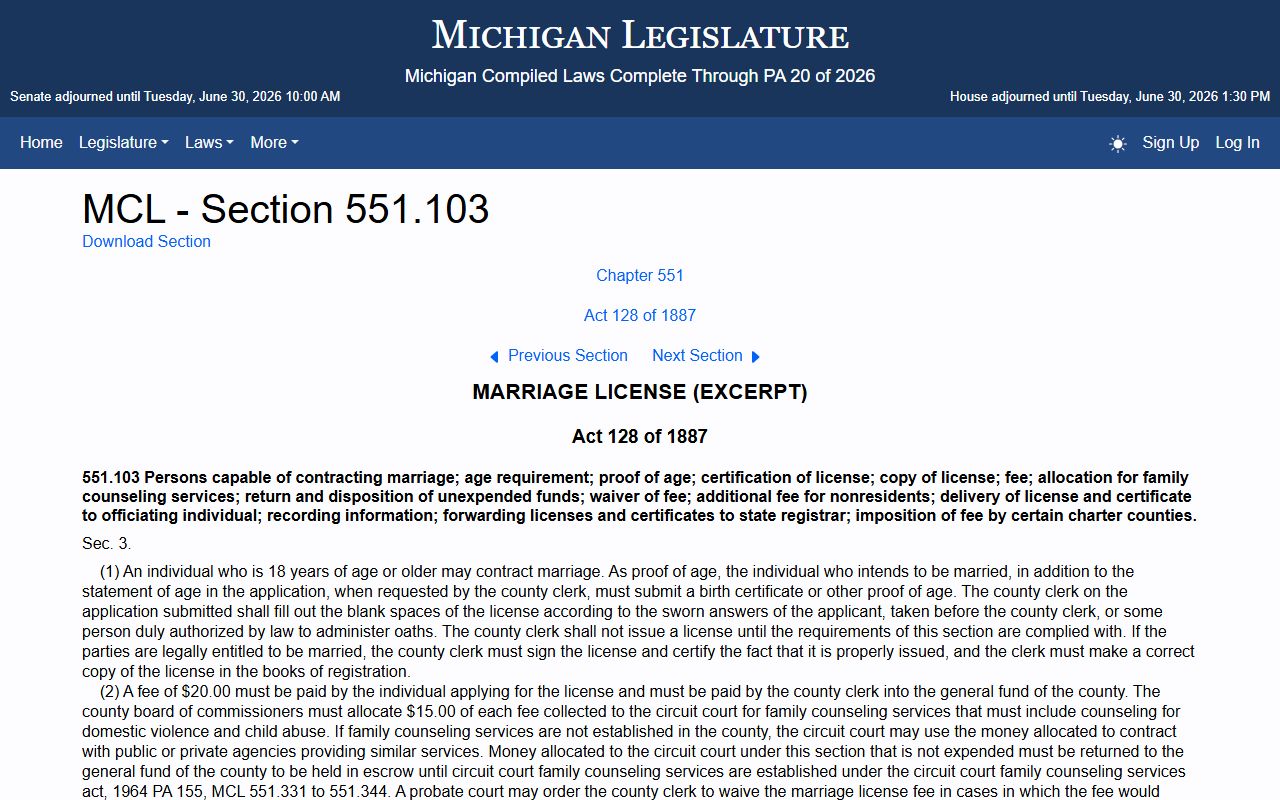 Michigan marriage license fee statute referenced with Schoolcraft County probate records