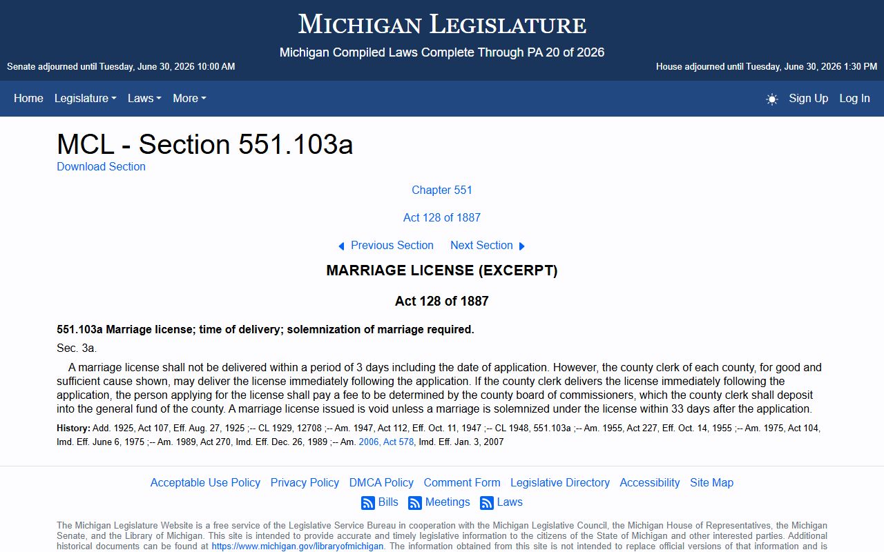 Michigan three-day marriage waiting period statute related to Schoolcraft County probate records