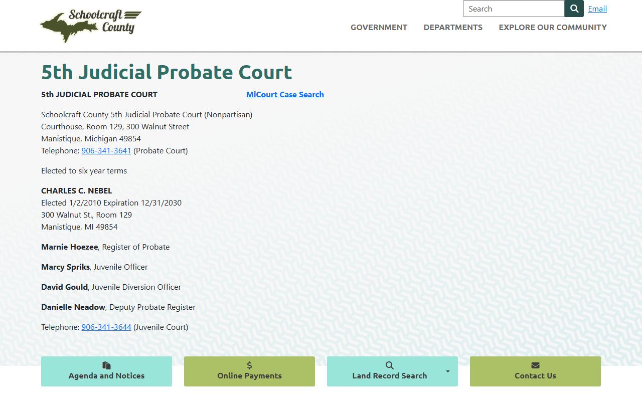 Schoolcraft County probate records page for the 5th Judicial Probate Court