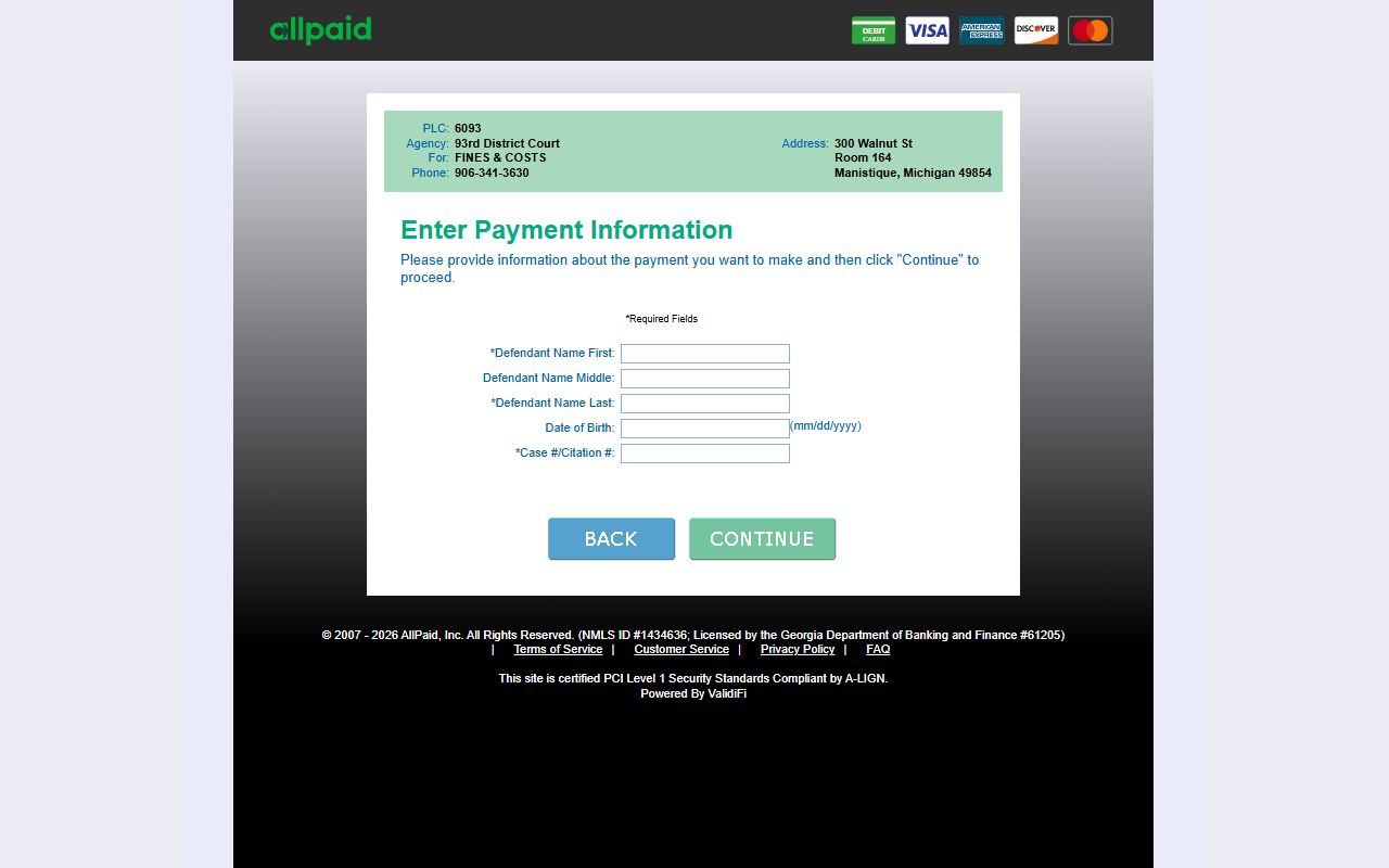 GovPayNow payment page used for Schoolcraft County traffic court records and district court tickets