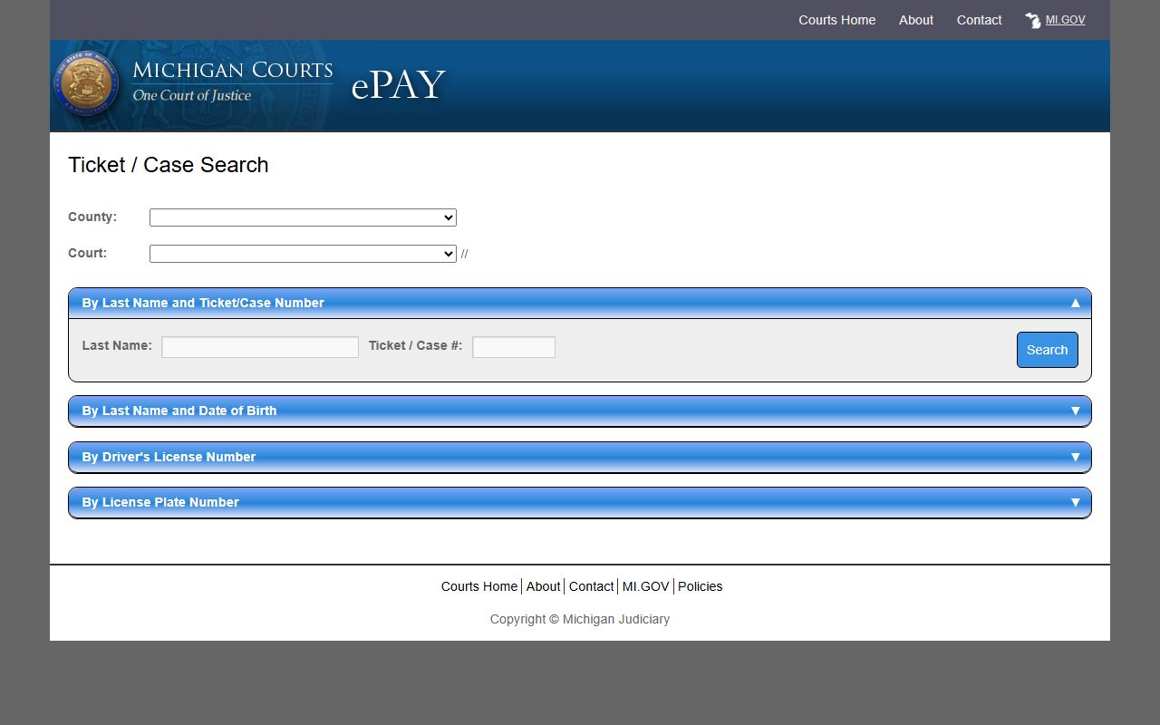 Michigan ePAY search screen for Schoolcraft County traffic court records and payable tickets
