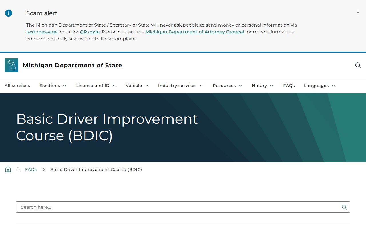 Michigan Basic Driver Improvement Course page tied to Schoolcraft County traffic court records