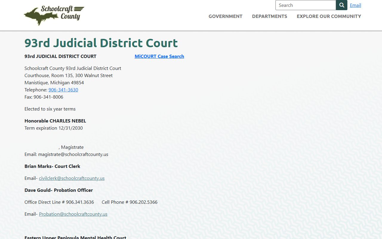 Schoolcraft County traffic court records page for the 93rd Judicial District Court