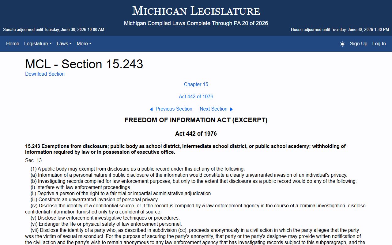 Schoolcraft County warrant records Michigan FOIA exemptions court records