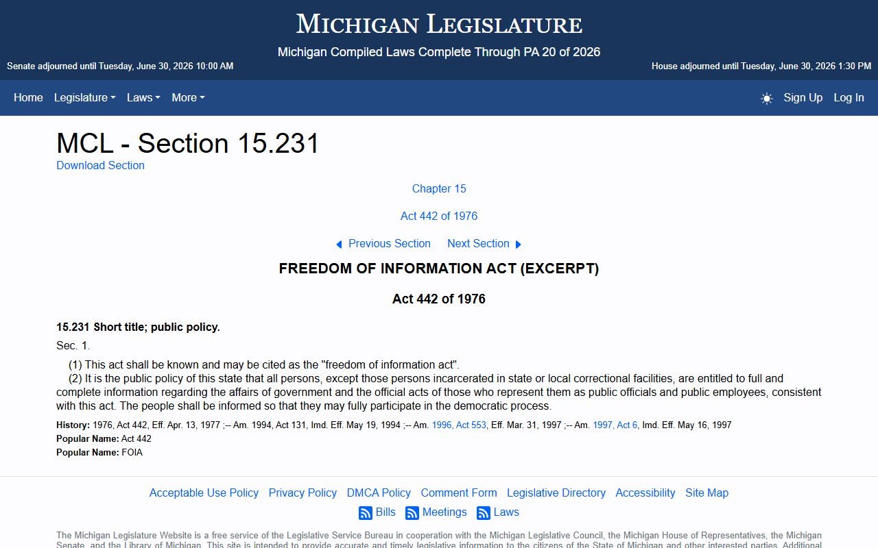 Schoolcraft County warrant search and Michigan FOIA public policy court records